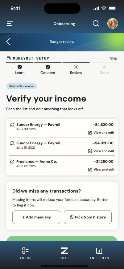 MoneyNet setup: verify your income