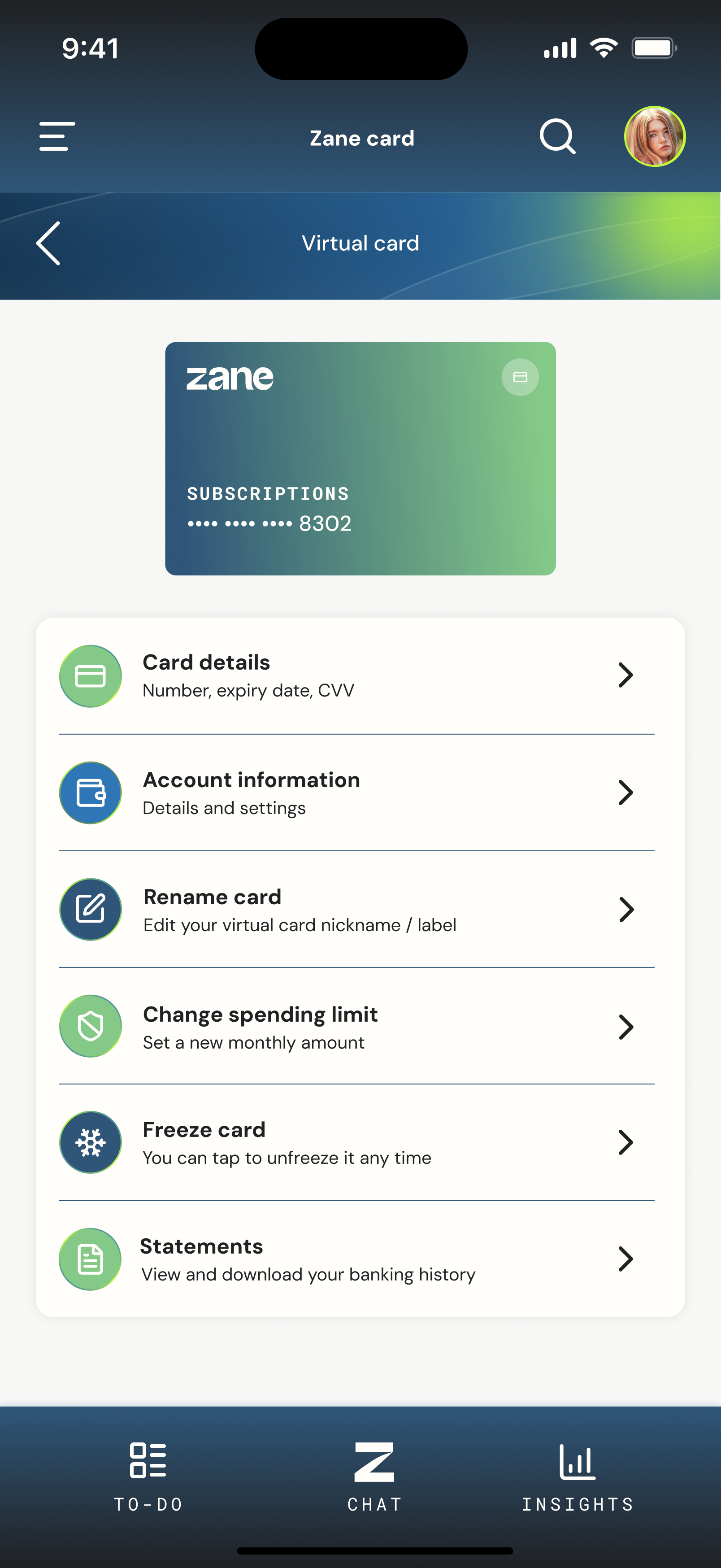 Zane Card controls screen