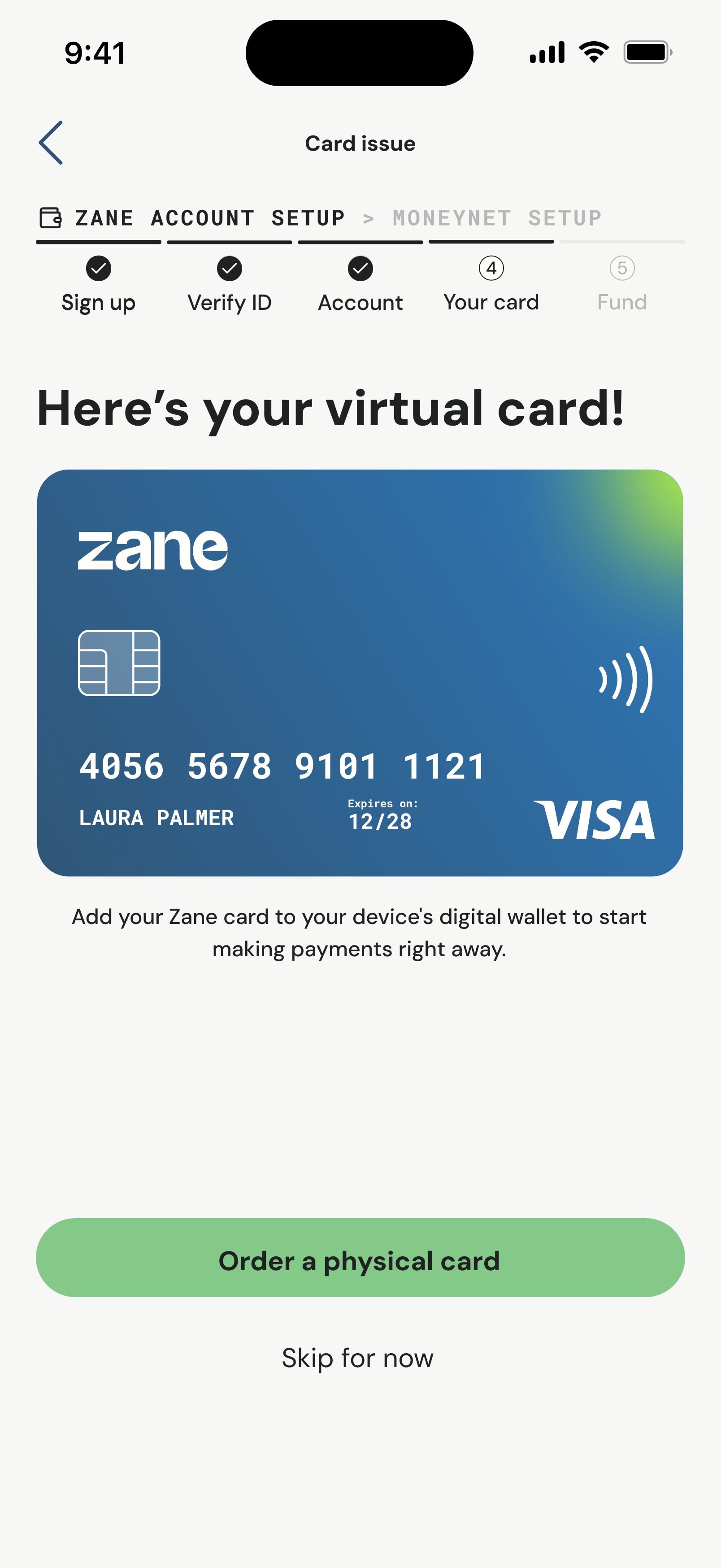 Zane account setup: here’s your virtual card
