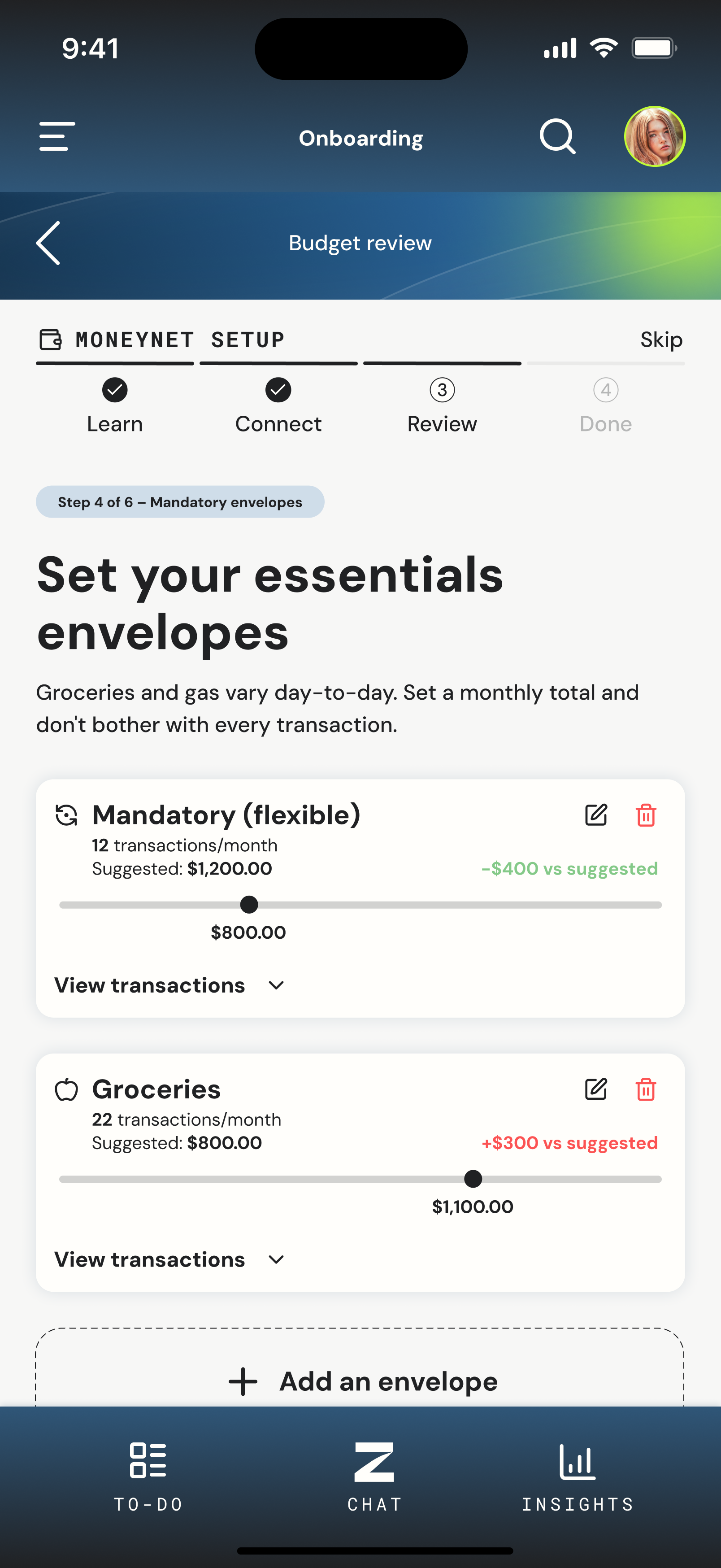 MoneyNet setup: set your essentials envelopes