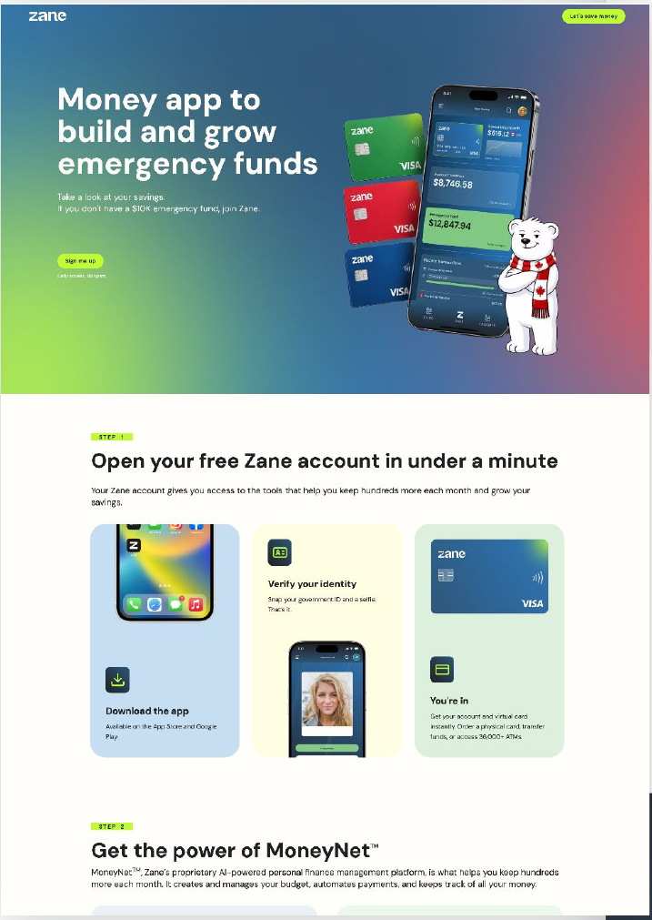 Zane website: money app to build and grow emergency funds